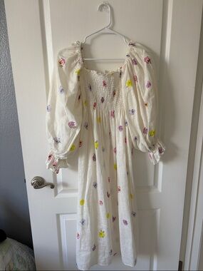 Sleeper Cream Floral Puff-Sleeve Midi Dress